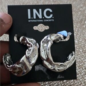 I N C Silver-Tone Textured Medium Hoop Earrings 1.3" New